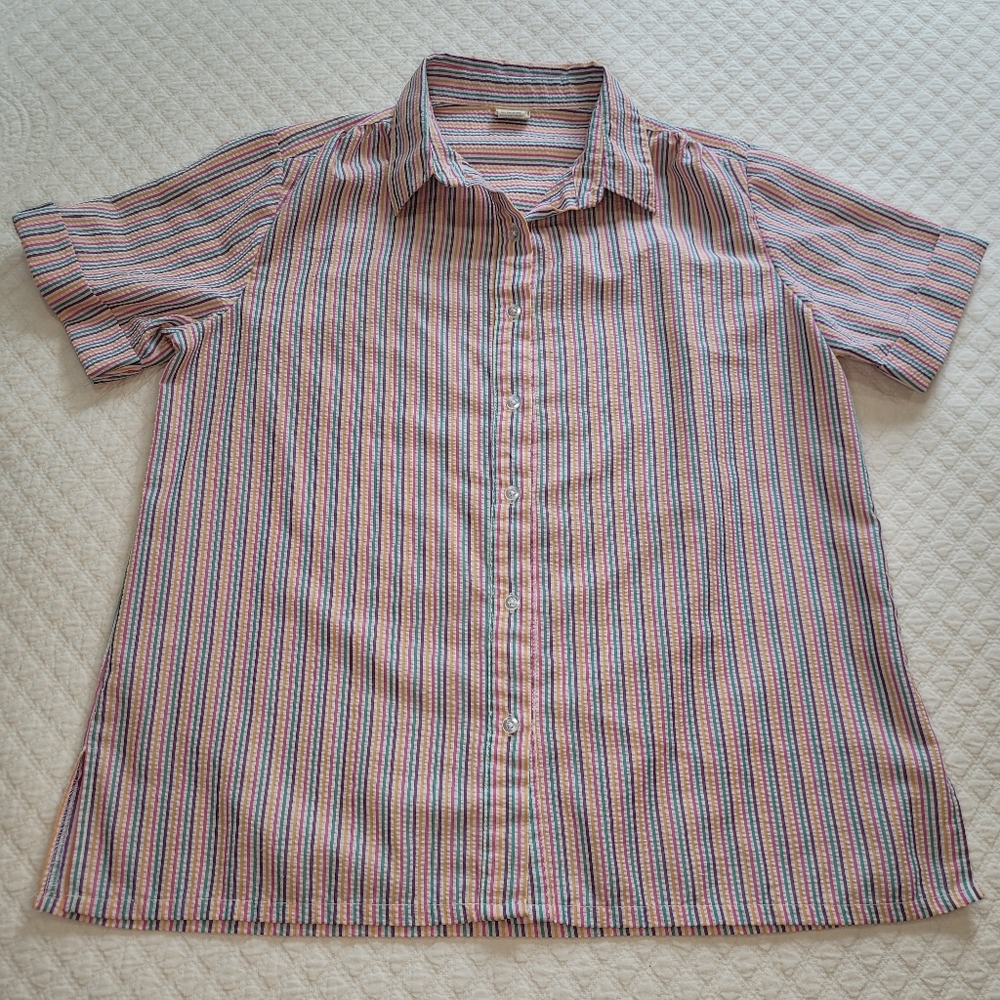 VTG Boca Bay Short Sleeve Button Up Women Large Rainbow Stripe Colorful Pride